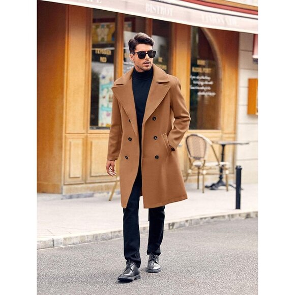 Men's Camel Double Breasted Trench Coat Collar Business Winter Long Coats - Picture 2 of 5